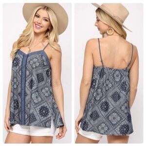 GiGiO USA Pattern Print Chambray Cotton Covered Button Tank S